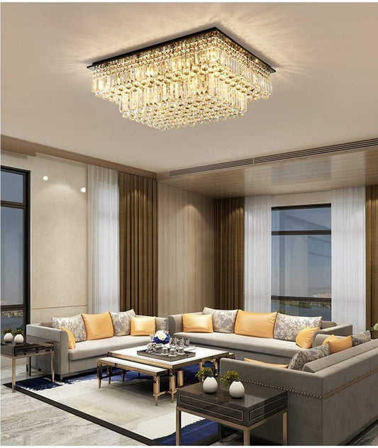 Large Crystal Chandelier Modern Rectangular Raindrop Gold Chandeliers K9 2-Tier Chandelier Light Fixtures Luxury Chandelier for High Ceiling Foyer Living Room Bedroom L35.4 x W27.6 x H14