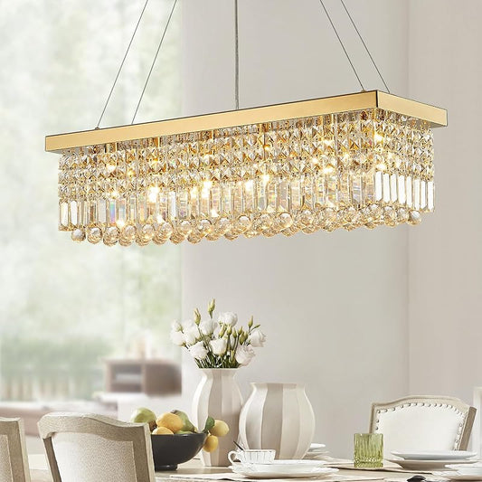 6-Light Modern Crystal Chandelier Rectangular Gold K9 Crystal Raindrop Chandelier for Dining Room, Luxury Adjustable Ceiling Pendant Light for Living Room Kitchen Island L31.5'' x W10'' x H10''