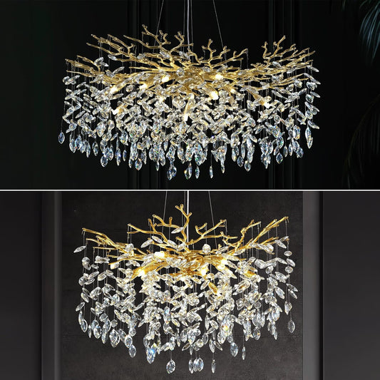 Modern Crystal Chandeliers for Dining Room, 40" And 30‘’Round Gold Tree Branches Chandeliers, Large Dining Room Over Table Chandeliers Lights Fixture, Branches and Crystals Ceiling Light Fixt