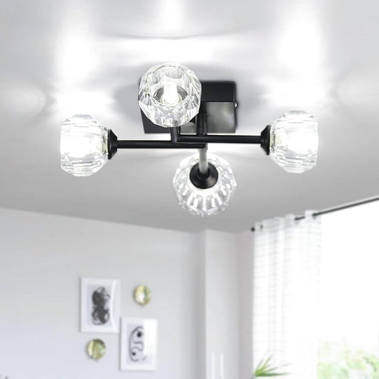 Vintage Sputnik Ceiling Light Matte Black Semi Flush Mount Ceiling Light Modern 4 Light Chandelier Ceiling Light for Kitchen Bedroom Living Room Hallway (Square Crystal Shade)