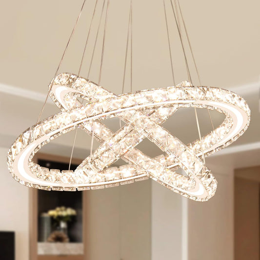 Dimmable LED Chandeliers Modern Crystal Chandeliers Ceiling Light Three Rings Pendant Light with Acrylic for Bedroom Dinning Room Hallway