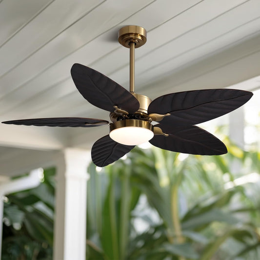 52" Tropical Ceiling Fans with Lights, Indoor Outdoor Black Ceiling Fan with Remote/APP Control, Flush Mount 5 Palm Leaf Ceiling Fan Light for Bedroom Dining Room Living Room Patios, 6 Speeds