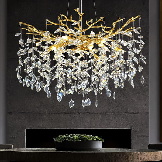 Modern Crystal Chandeliers for Dining Room, 40" And 30‘’Round Gold Tree Branches Chandeliers, Large Dining Room Over Table Chandeliers Lights Fixture, Branches and Crystals Ceiling Light Fixt