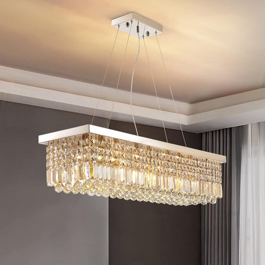 Modern Rectangular Crystal Chandeliers 8 Lights Rectangle Raindrop Pendant Ceiling Light Fixture for Kitchen Island Dining Room, Adjustable Height, Polished Chrome Finish, L40 x W10 x H10