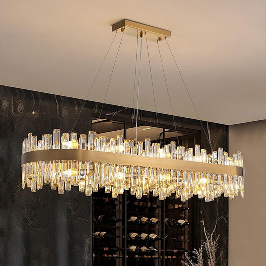 Modern Crystal Chandelier Luxury Rectangular Brass Gold Raindrop Chandelier 16 Lights Rectangle Oval Flush Mount Pendant Light Fixture for Dining Room Living Room Kitchen Island L35.4''