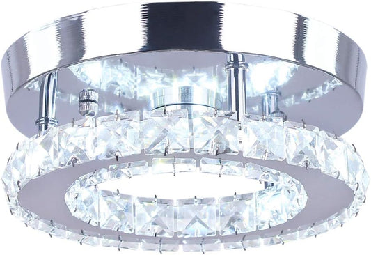 Modern Mini Led Chandelier Semi Flush Mount Crystal Lighting Ceiling Crystal Lamp for Bedrooms Dinning Rooms Hallway(Round White)