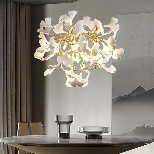 Modern Gold Tree Branch Chandeliers for Dining Room,55" Rectangle Ceramic Ginkgo Leaf Chandelier, Dining Room Chandelier Over Table,Linear Chandeliers for Dining Room, Living,Kitchen