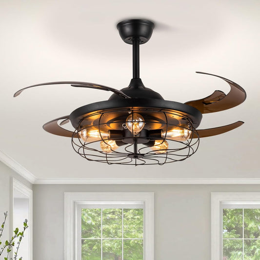 Retractable Ceiling Fan with Lights Black Industrial Caged Ceiling Fan with Remote Controller Farmhouse Chandelier Fan with Lights for Living Room Bedroom Patio (48 Inches, 5 Lights)