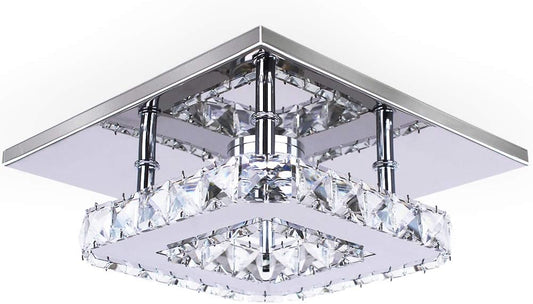 Modern Crystal Chandelier 7.9 Inches Led Ceiling Light Mini Square Flush Mount Ceiling Light for Bedrooms Dinning Rooms Hallway(Cool White,15W)