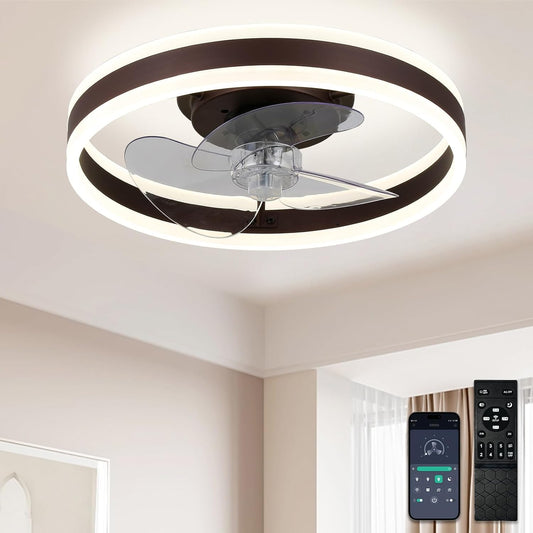 Ceiling Fan with Lights and Remote, 16'' Low Profile Chandelier Fans, Modern Dimmable Flush Mount LED Fan Light, 6 Wind Speeds, Fandelier with Lights for Bedroom (Brown)