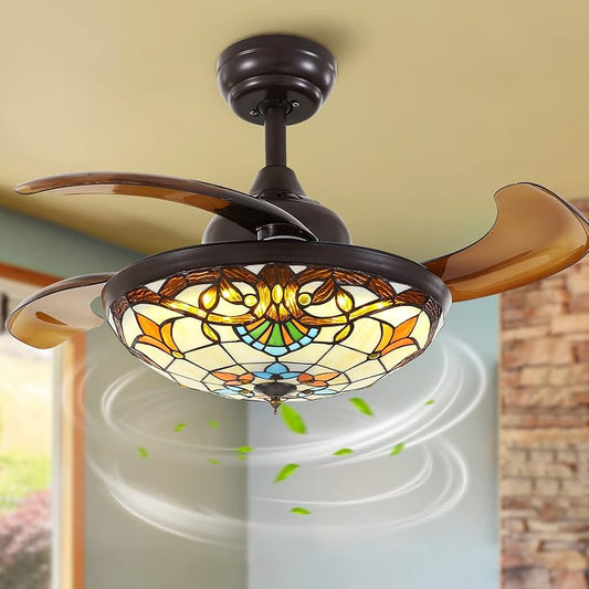 36" Retractable Tiffany Style Ceiling Fan with Lights, Dimmable Fandelier Ceiling Fan with Remote, Vintage Stained Glass Chandelier Ceiling Fan with 4 Reverse Blades for Bedroom Living Room