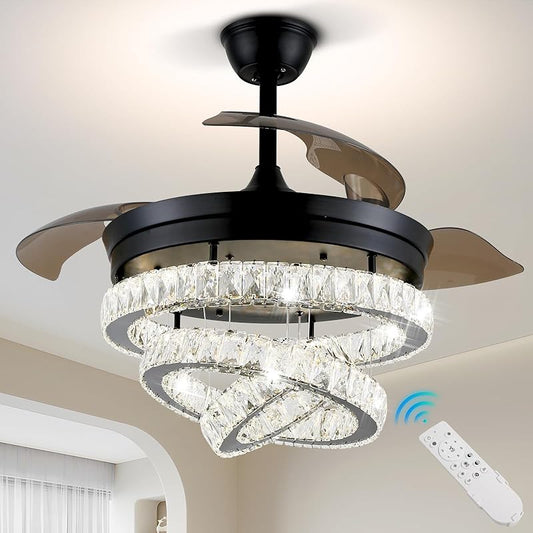 42" Dimmable Fandeliers Modern Crystal Invisible Chandelier Ceiling Fan With 3 LED Color Change Lights with Memory Function