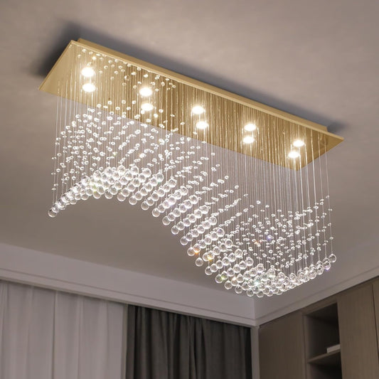 47'' Modern Crystal Chandelier, Gold Rectangular K9 Crystal Wave Raindrop Chandelier, Luxury Flush Mount Pendant Ceiling Light Fixture for Dining Living Room Kitchen Island L47 x W11.8 x H27.6