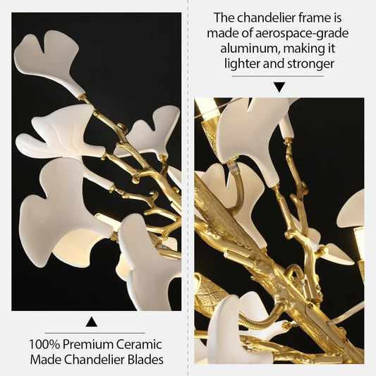 Modern Gold Tree Branch Chandeliers for Dining Room,55" Rectangle Ceramic Ginkgo Leaf Chandelier, Dining Room Chandelier Over Table,Linear Chandeliers for Dining Room, Living,Kitchen