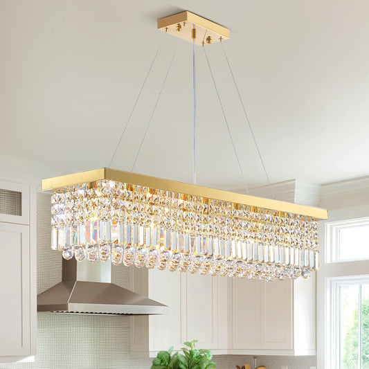 Modern Crystal Chandelier for Dining Room 8 Lights Gold Rectangular K9 Crystal Raindrop Chandelier Pendant Ceiling Light Fixture for Living Room Kitchen Island Bar L40'' x W10'' x H10''