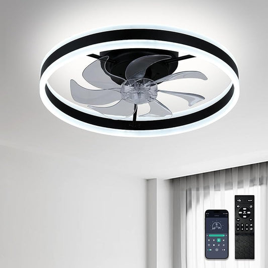 Low Profile Ceiling Fans with Lights and Remote,20" Flush Mount Fandelier Dimmable LED Fan Light Black Bladeless Ceiling Fans with Lights for Bedroom, Kids Room and Living Room