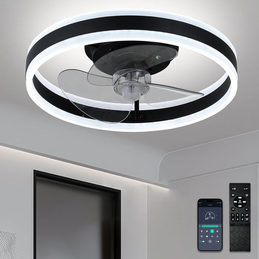 16" Modern Ceiling Fans with Lights and Remote, Dimmable Low Profile Chandelier Fan Flush Mount Fandelier, Stepless Color Temperature Change and 6 Speeds Black