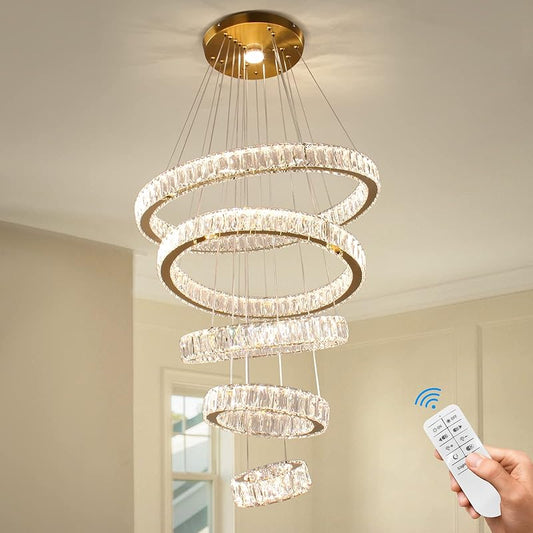 LED Big Crystal Chandeliers Modern 5 Rings Pendant Light Adjustable Ceiling Light for Bedroom Dinning Room Kitchen (Warm White)