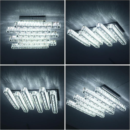 Modern LED Crystal Chandeliers 6 Lights Flush Mount Rectangle Ceiling Light Contemporary Luxury Island Clear Crystal Close to Ceiling Lighting for Living Room (4000K, Cool White)