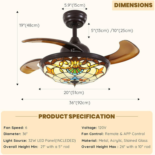 36" Retractable Tiffany Style Ceiling Fan with Lights,  Ceiling Fan with Remote, Vintage Stained Glass Chandelier Ceiling Fan with 4 Reverse Blades for Bedroom Living Room