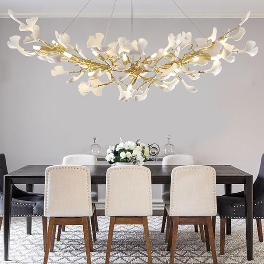 Modern Gold Tree Branch Chandeliers for Dining Room,55" Rectangle Ceramic Ginkgo Leaf Chandelier, Dining Room Chandelier Over Table,Linear Chandeliers for Dining Room, Living,Kitchen