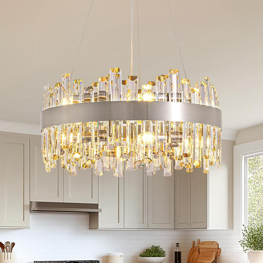 Modern Crystal Chandelier 12 Lights Brushed Nickel 2-Tier Raindrop Chandelier Adjustable Height Luxury Pendant Ceiling Light Fixture for Dining Living Room Kitchen Island Entry D19.7''