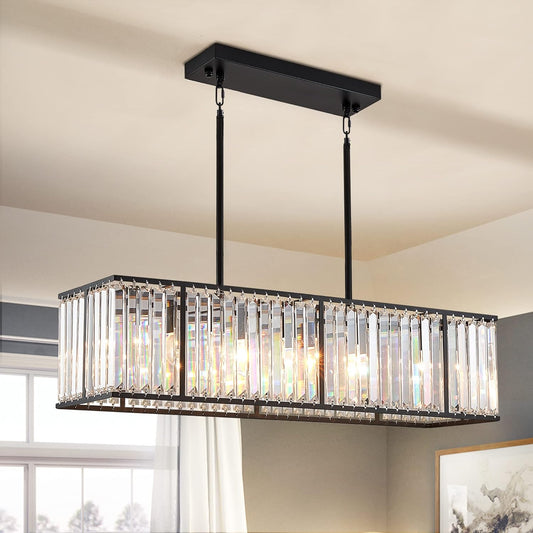 Modern Rectangular Crystal Chandelier, 5 Lights Black Rectangle Raindrop Chandelier Lighting, Industrial Linear Pendant Ceiling Light Fixture for Dining Living Room Kitchen Island L33.5''