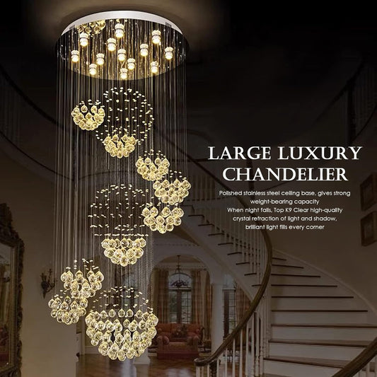 Modern Foyer Chandeliers for High Ceiling, Large Staircase Chandelier with Spiral Sphere Design, Raindrop Crystal Chandelier Flush Mount Ceiling Light for Entryway Living Room W31.5 X H110