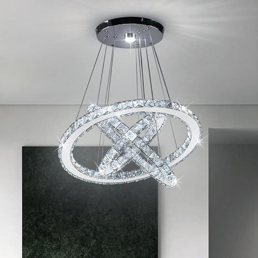 Dimmable LED Chandeliers Modern Crystal Chandeliers Ceiling Light Three Rings Pendant Light with Acrylic for Bedroom Dinning Room Hallway