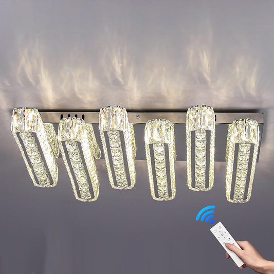 Modern LED Crystal Chandeliers 6 Lights Flush Mount Rectangle Ceiling Light Contemporary Luxury Island Clear Crystal Close to Ceiling Lighting for Living Room (4000K, Cool White)