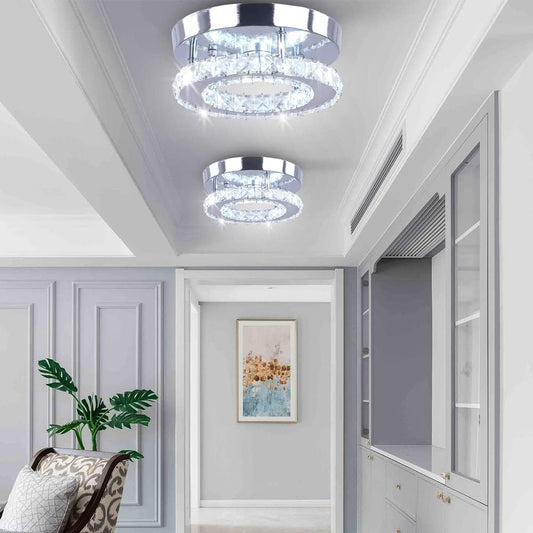 Modern Mini Led Chandelier Semi Flush Mount Crystal Lighting Ceiling Crystal Lamp for Bedrooms Dinning Rooms Hallway(Round White)