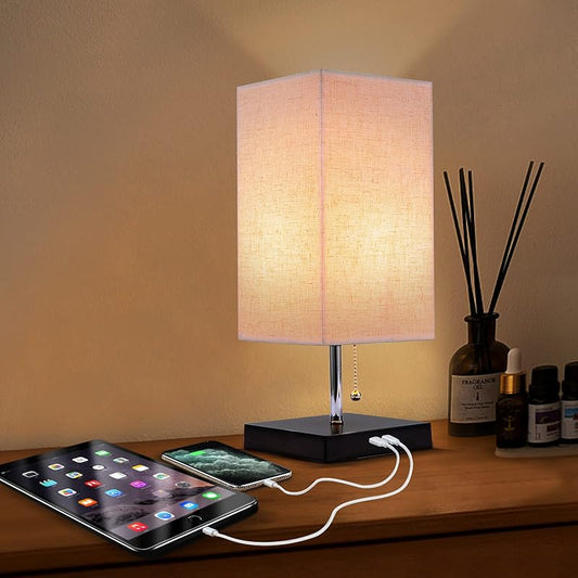 Modern Table Lamp with 2 USB Charging Ports, Nightstand Bedside Desk Lamp with Beige Fabric Lampshade, Pull Chain Switch & Black Wooden Base, Ambient Light Beside Lamps for Bedroom, Living Room