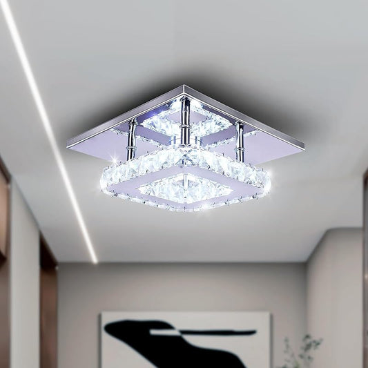 Modern Crystal Chandelier 7.9 Inches Led Ceiling Light Mini Square Flush Mount Ceiling Light for Bedrooms Dinning Rooms Hallway(Cool White,15W)