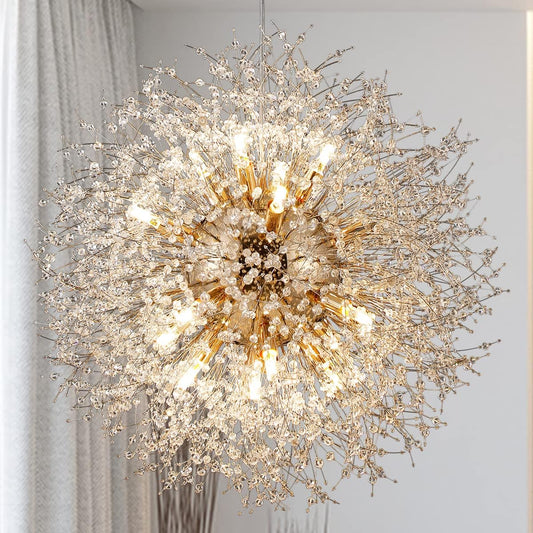 Gold Dandelion Chandelier, Sputnik Crystal Hanging Lamp, Round Firework Pendant Light Fixtures for Kitchen Island Bedroom Farmhouse Foyer Dining Room (D25.59” 16Lights, Gold Finish)