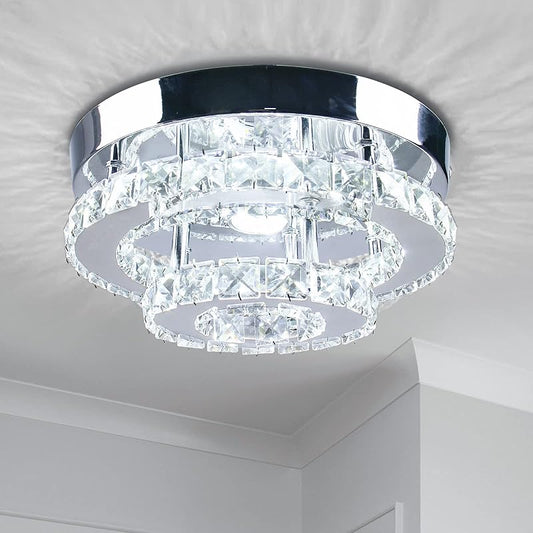 Modern Mini Led Chandelier Semi Flush Mount Crystal Lighting Ceiling Crystal Lamp for Bedrooms Dinning Rooms Hallway(Round White)