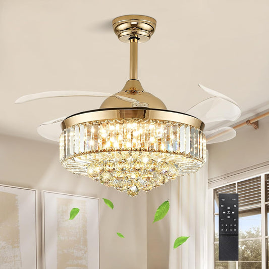 42 Inch Gold  Ceiling Fan with Light, Crystal Ceiling Fan with Lights and Remote, LED Dimmable Chandelier Fan with Invisible Reversible Fan Blades for Bedroom Living Room Dining Room