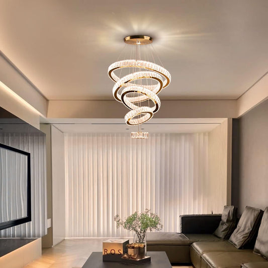 LED Big Crystal Chandeliers Modern 5 Rings Pendant Light Adjustable Ceiling Light for Bedroom Dinning Room Kitchen (Warm White)