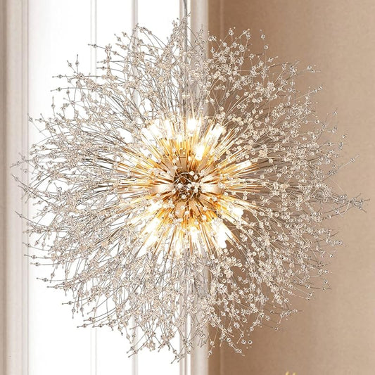 Gold Dandelion Chandelier, Sputnik Crystal Hanging Lamp, Round Firework Pendant Light Fixtures for Kitchen Island Bedroom Farmhouse Foyer Dining Room (D25.59” 16Lights, Gold Finish)