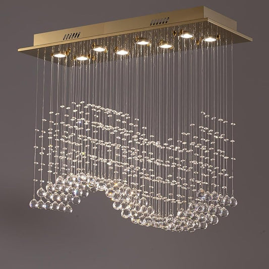 47'' Modern Crystal Chandelier, Gold Rectangular K9 Crystal Wave Raindrop Chandelier, Luxury Flush Mount Pendant Ceiling Light Fixture for Dining Living Room Kitchen Island L47 x W11.8 x H27.6