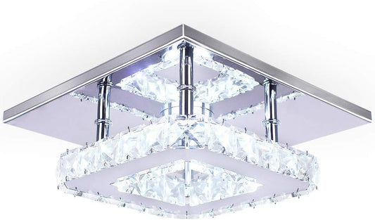 Modern Crystal Chandelier 7.9 Inches Led Ceiling Light Mini Square Flush Mount Ceiling Light for Bedrooms Dinning Rooms Hallway(Cool White,15W)