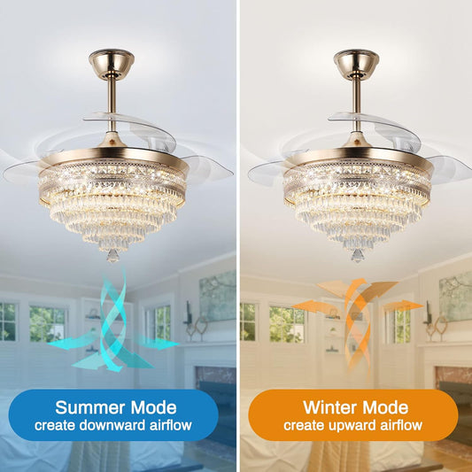 42" Gold Dimmable LED Fandelier with Light Modern LED Crystal Ceiling Fan with Light Invisible Fandeliers 3 in 1 Color with Memory Function